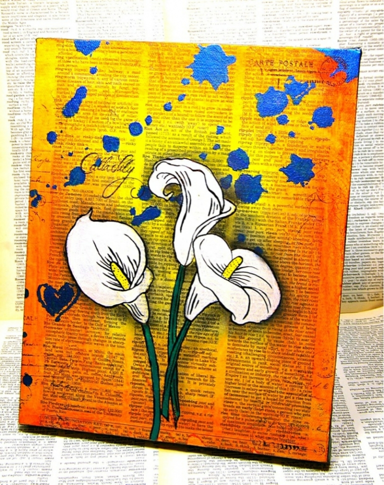 peinture-toile-papier-journal-jaune-bleu-motif-calla-blanc