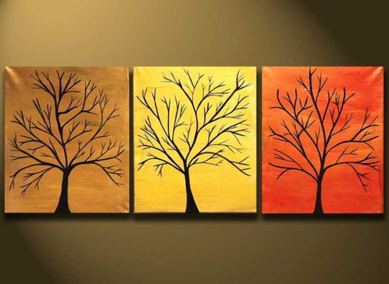 peinture sur toile trois-pièces-motif-arbre-coloré-beige-jaune-orange
