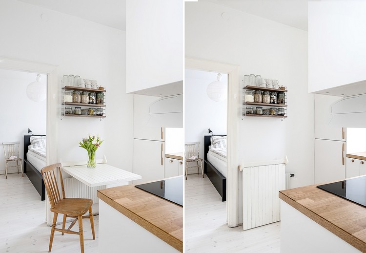 petit-espace-cuisine-blanche-table-rabattable-etagere-murale petit espace