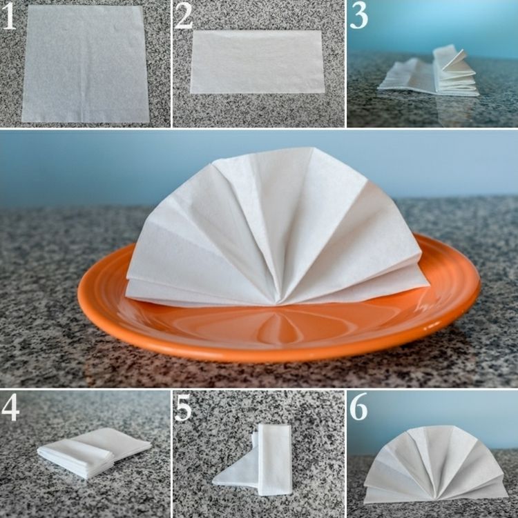 pliage-serviettes-papier-eventail-blanc-assiette-orange pliage de serviettes en papier