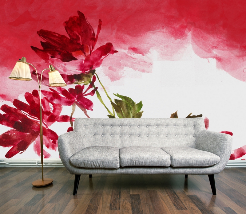 poster-mural-nature-fleurs-rouges-style-peinture-aquarelle-canapé-gris