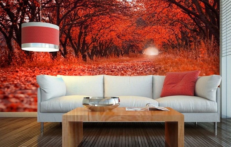 poster-mural-nature-paysage-automnal-rouge-lampe-coussin-Demural