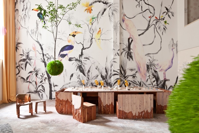 poster-mural-nature-plantes-toucans-style-dessin-crayon-meubles-bois