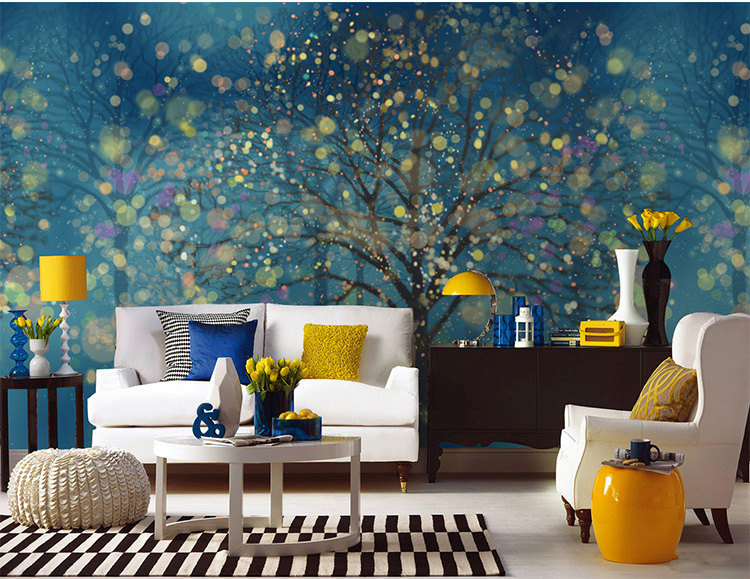 poster mural nature silhouettes arbres-effet-bokeh-fond-bleu