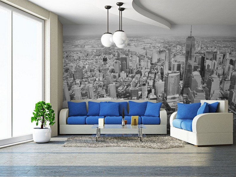poster-mural-new-york-blanc-gris-paysage-urbain-gratte-ciel-salon-canape-blanc-bleu poster mural New York
