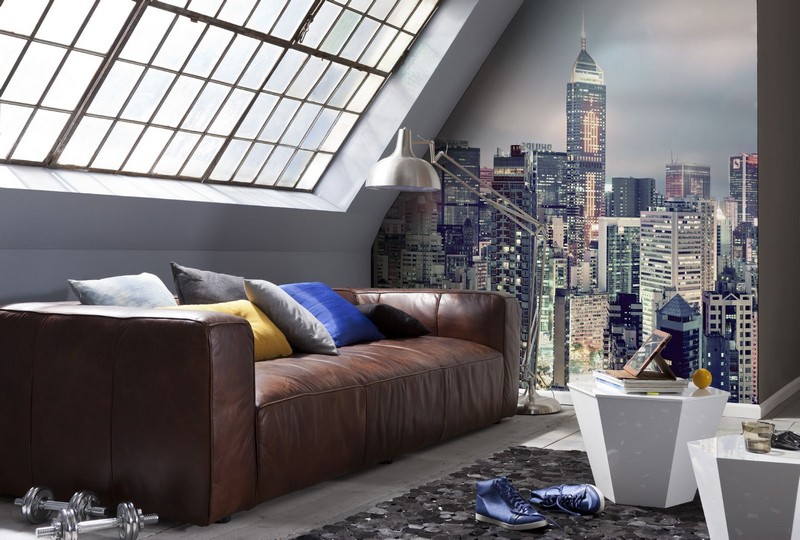 poster-mural-new-york-gratte-ciel-batiments-lumieres-ville-salon-canape-cuir-marron poster mural New York