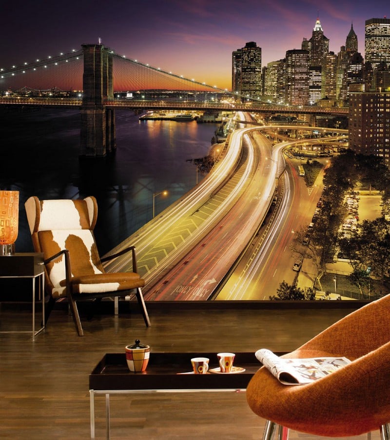 poster-mural-new-york-pont-brooklyn-boulevard-salon-chaise-faux-cuir poster mural New York