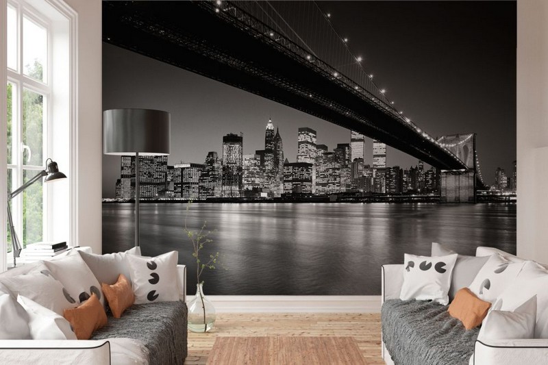 poster-mural-new-york-pont-brooklyn-noir-blanc-vue-nocturne-salon-canapes-blancs poster mural New York