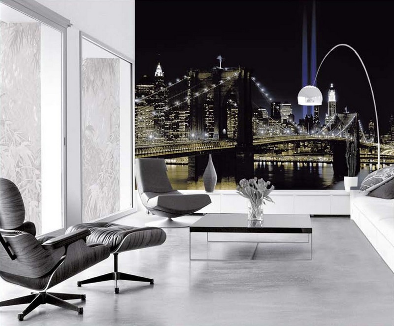 poster-mural-new-york-pont-brooklyn-nuit-fauteuil-relax-gris-canape-blanc poster mural New York