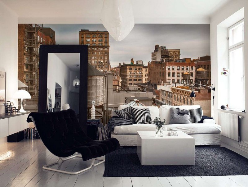 poster-mural-new-york-salon-canape-blanc-table-blanche-toits-batiments poster mural New York