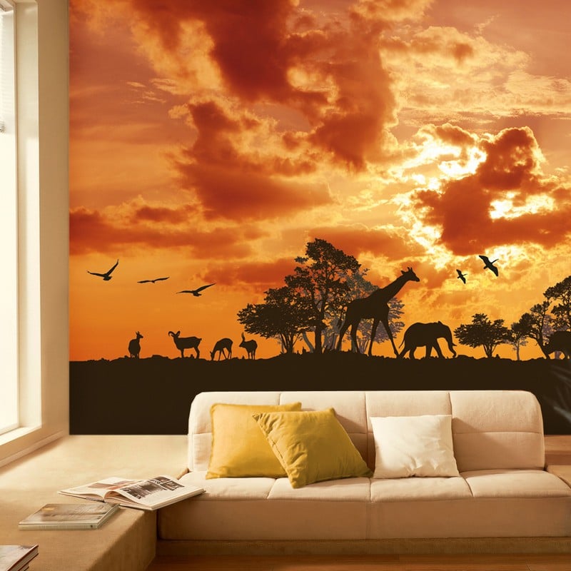 poster-mural-theme-afrique-coucher-soleil-silhouettes-animaux-africains