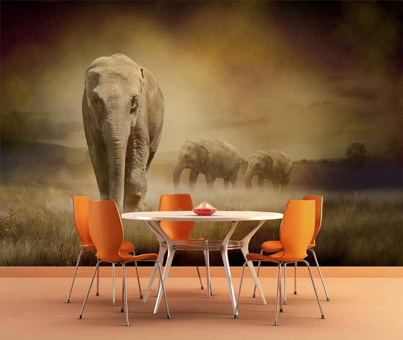 poster-mural-theme-afrique-elephants-salle-manger-chaises-orange