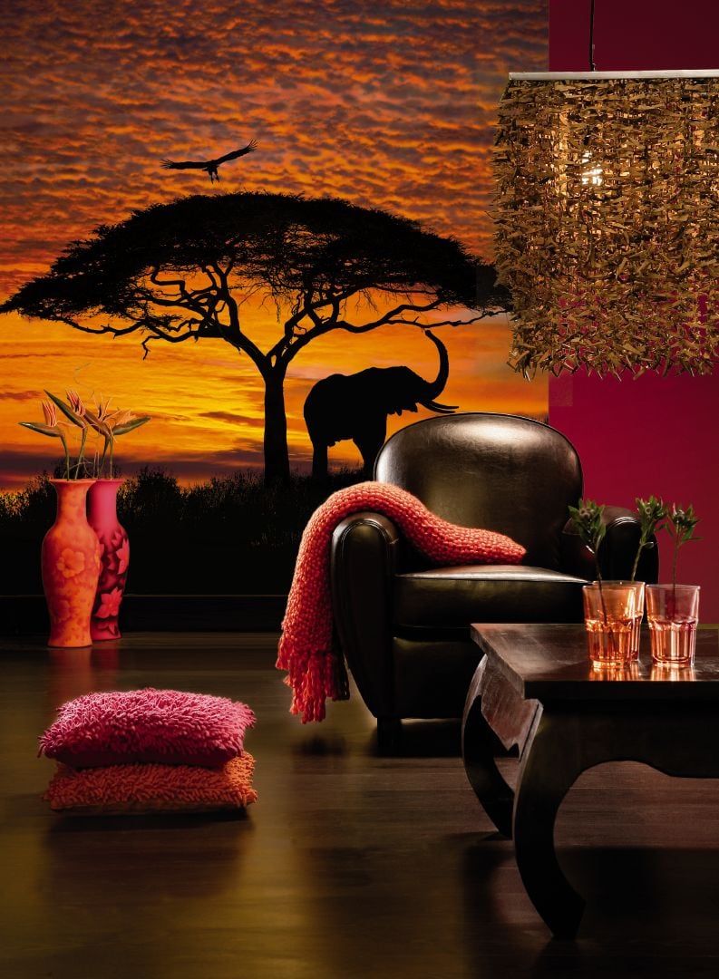 poster-mural-theme-afrique-paysage-coucher-soleil-elephant poster mural