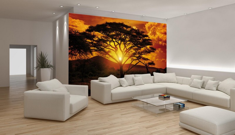 poster-mural-theme-afrique-paysage-coucher-soleil-salon-meubles-blancs poster mural