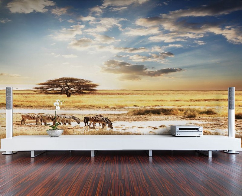 poster-mural-theme-afrique-zebres-arbre-africain-meuble-tv-blanc poster mural
