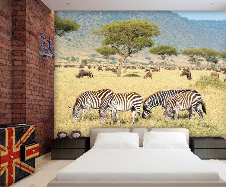 poster-mural-theme-afrique-zebres-arbres-antilopes-gnou-chambre-coucher