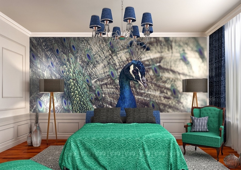 poster-mural-trompe-oeil-image-paon-bleu-vert-jetée-lit-fauteuil