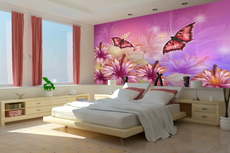 poster-mural-xxl-coloré-motif-paysage-fleuri-fond-rose