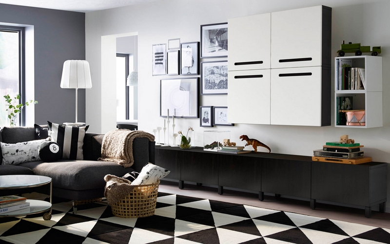 rangement-cube-Ikea-mural-tapis-noir-blanc-géométrique-photos-assorties