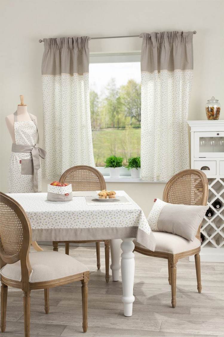 rideaux-cuisine-gris-blanc-motifs-fins-nappe-table-blanc-gris rideaux de cuisine