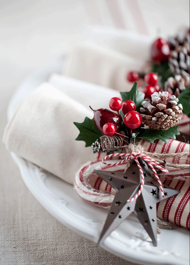 rond-serviette-noel-baies-rouges-feuilles-decoratives-etoile-metal