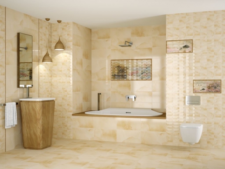 salle-bain-travertin-beige-pastel-éclairage-suspension-ambiance-asiatique