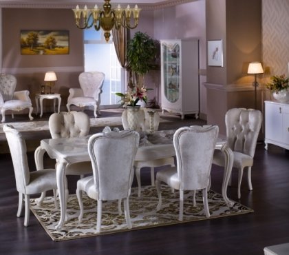 salle-manger-baroque-chaises-capitonnées-cuir-blanc-mobilier-assorti