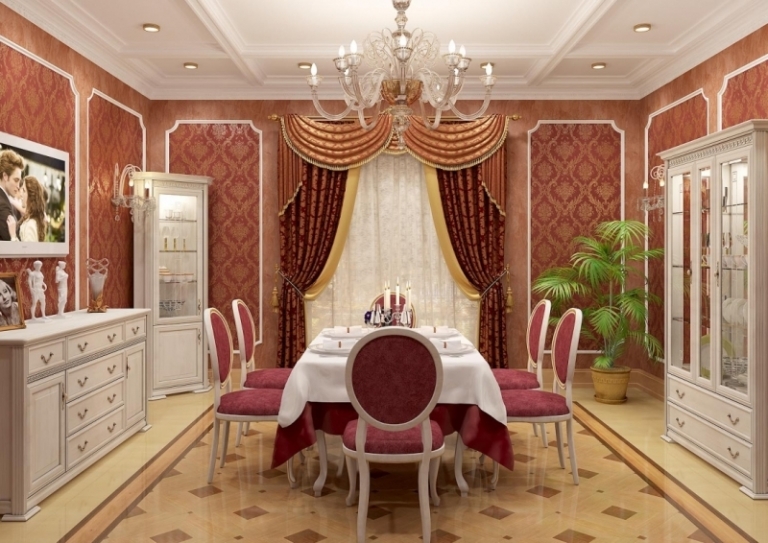 salle-manger-baroque-chaises-tapissées-satin-rose-mobilier-bois-blanc