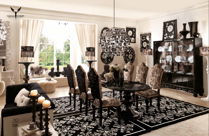 salle-manger-baroque-table-bois-coloré-noir-meubles-assortis