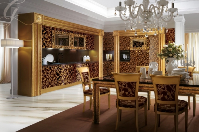 salle-manger-baroque-table-marbre-bois-doré-chaises-meubles-cuisine-assortis