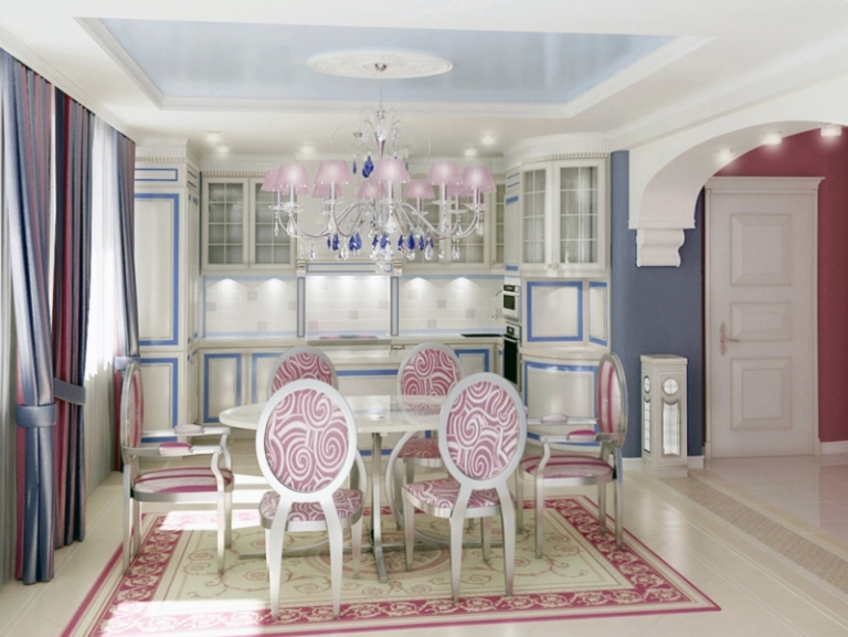 salle-manger-baroque-table-table-laqué-blanc-chaises-tapissées-satin-rose-motifs-blancs