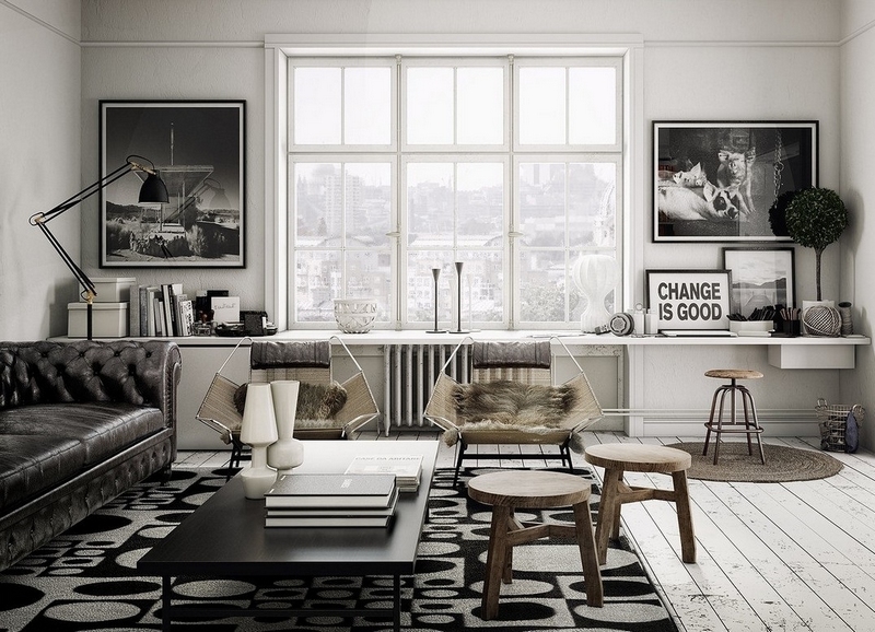 table-basse-industrielle-design-moderne-canapé-Chesterfield-salon-noir-blanc