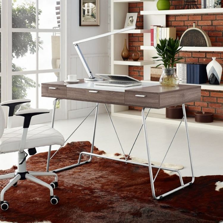 table-bureau-contemporaine-bois-foncé-métal-lampe-design