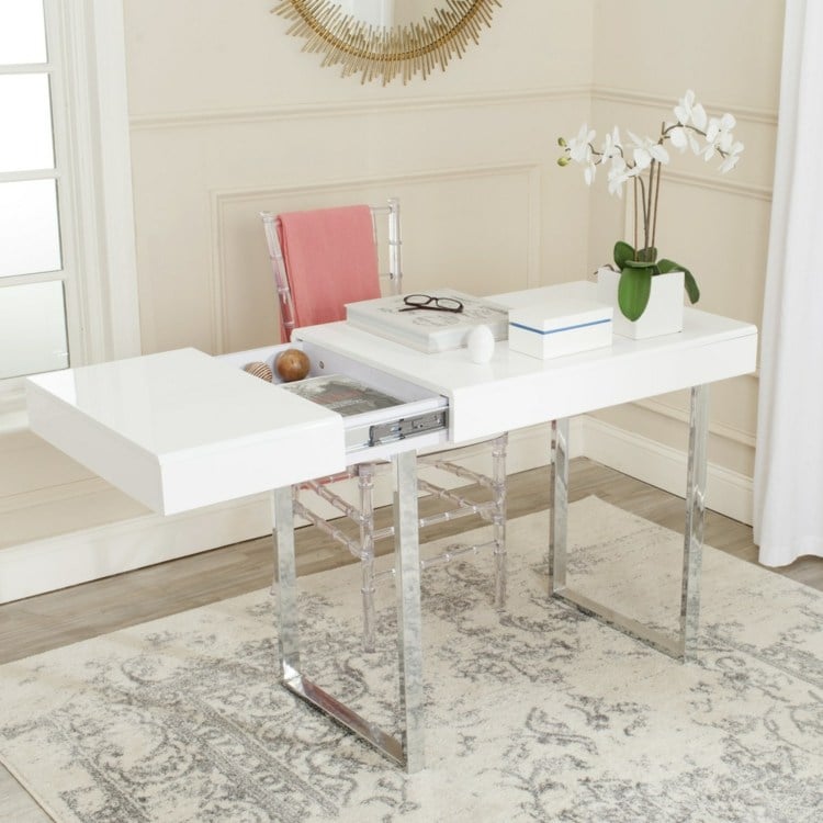 table-bureau-extensible-espace-rangement-blanc-laqué-pieds-métal