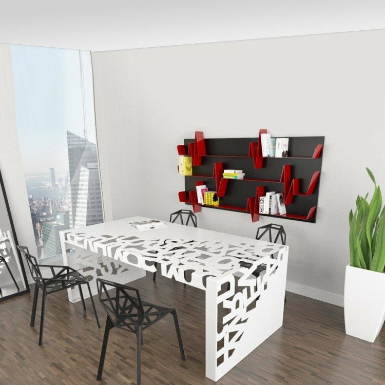 table-bureau-moderne-blanche-chaises-minimalistes-étagères-originales