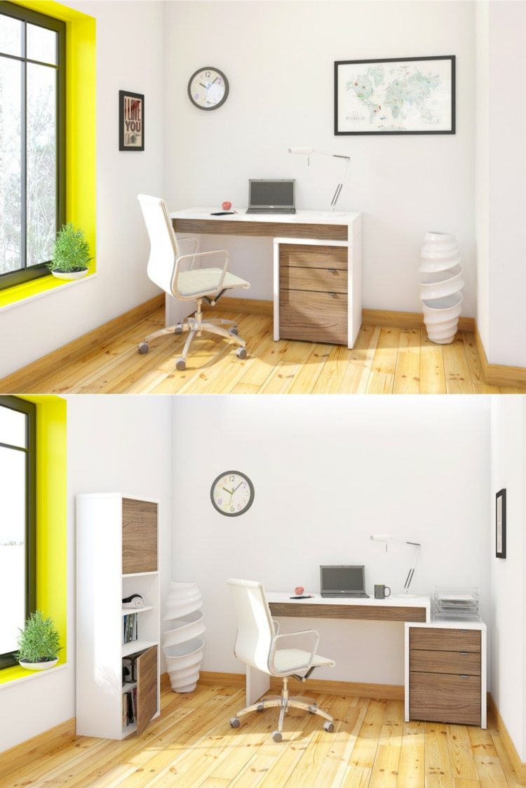 table-bureau-modulable-espace-rangement-blanc-bois