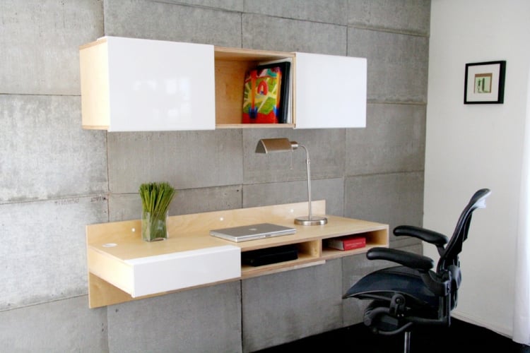 table bureau mural blanc-bois-clair-étagères-rangement-mur-béton