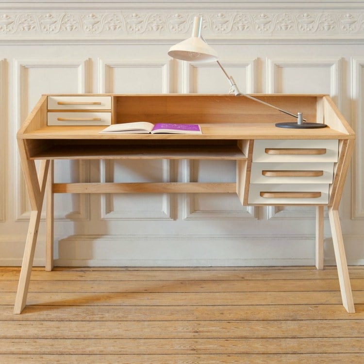 table bureau scandinave vintage-tiroirs-rangement-lampe