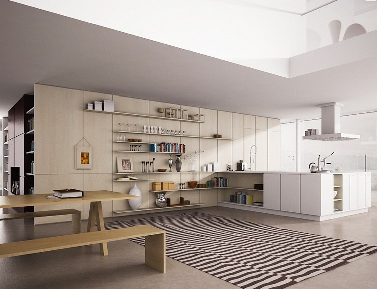 tapis de cuisine moderne-rayures-noir-blanc-armoires-blanches