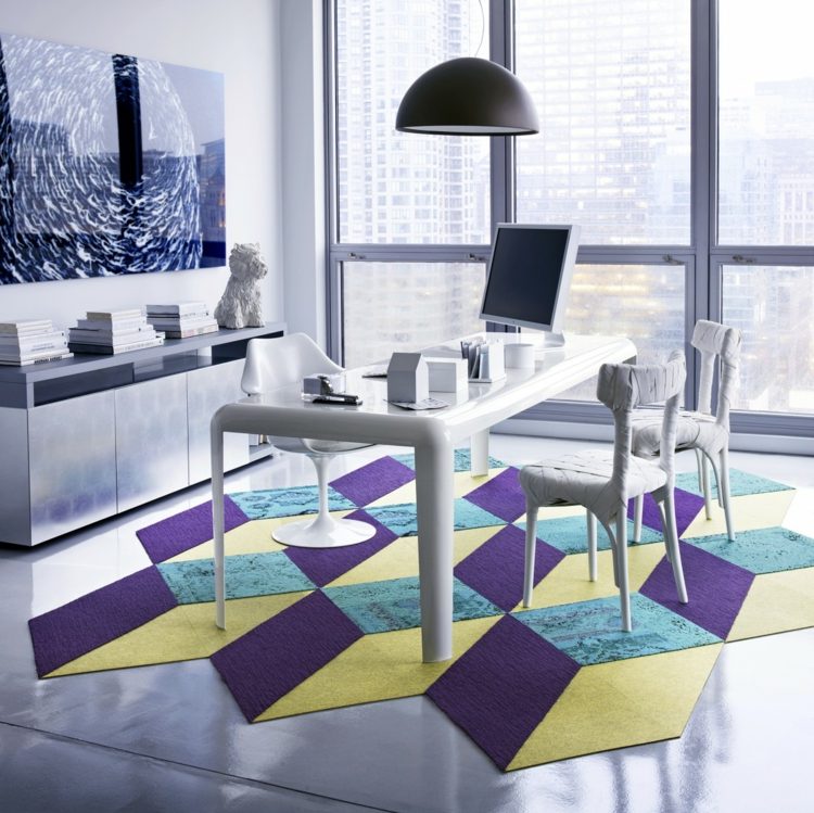 tapis-patchwork-effet-3D-cubes-bureau-meubles-blancs