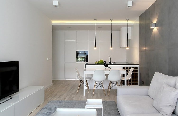 aménagement salon salle à manger -meubles-blancs-mur-imitation-beton