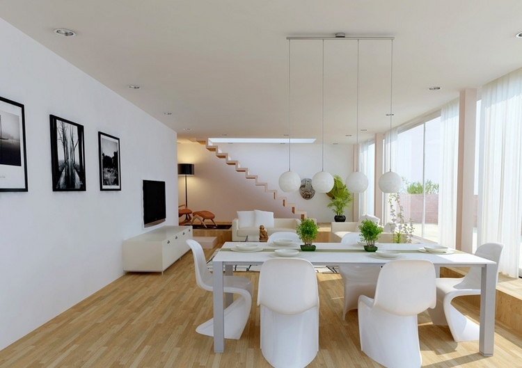 aménagement-salon-salle-manger-meubles-blancs-chaises-design-Panton