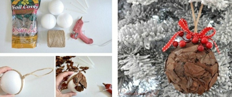 bricolage de Noël facile ecorce-arbre-boule-noel-polystyrene-deco-noeud-rouge