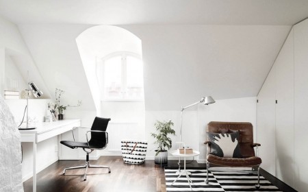 bureau scandinave -blanc-mansarde-table-armoire-blanche-tapis-noir-blanc