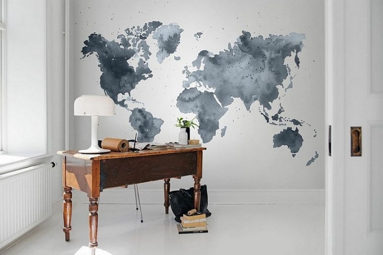 bureau scandinave -papier-peint-carte-continents-meuble-bureau-antique
