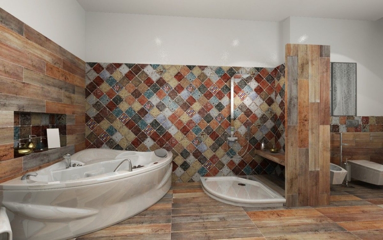 carrelage-sol-salle-bain-effet-bois-murs-colroés
