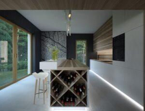 casier-bouteilles-vin-cuisine-blanche-bois-intégré-côté-ilot-bar