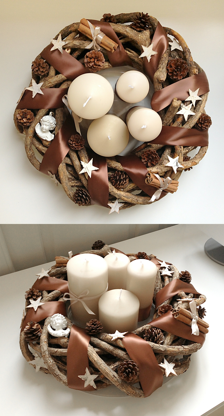 centre de table Avent-couronne-branches-bougies-blanches-etoiles-papier
