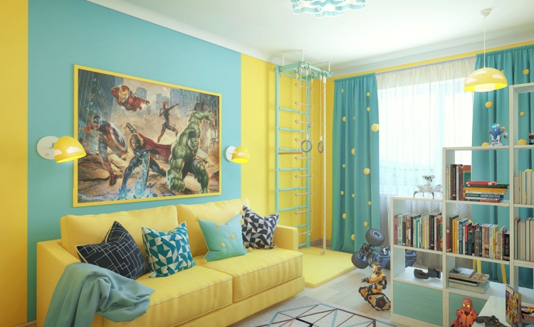 chambre-enfant-bleu-ciel-jaune-pastel-canapé-droit