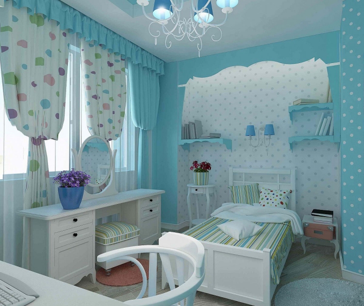 chambre enfan bleu ciel-papierspeints-pois-meubles